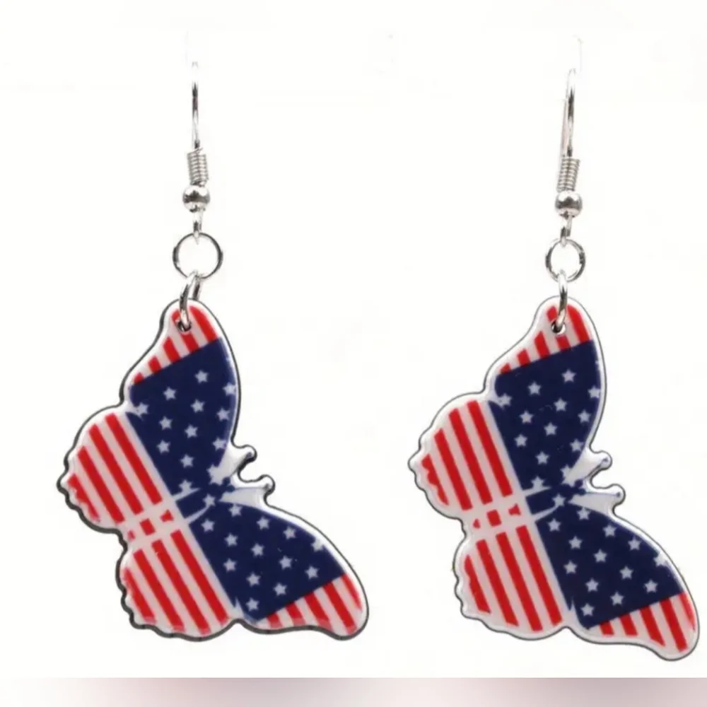2/30$‎ Or 3/$35 Western Red White Blue Butterfly American Flag Earrings(#070)